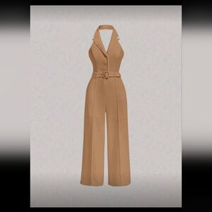 SHEIN Tan Wide Leg Belted Jumpsuit